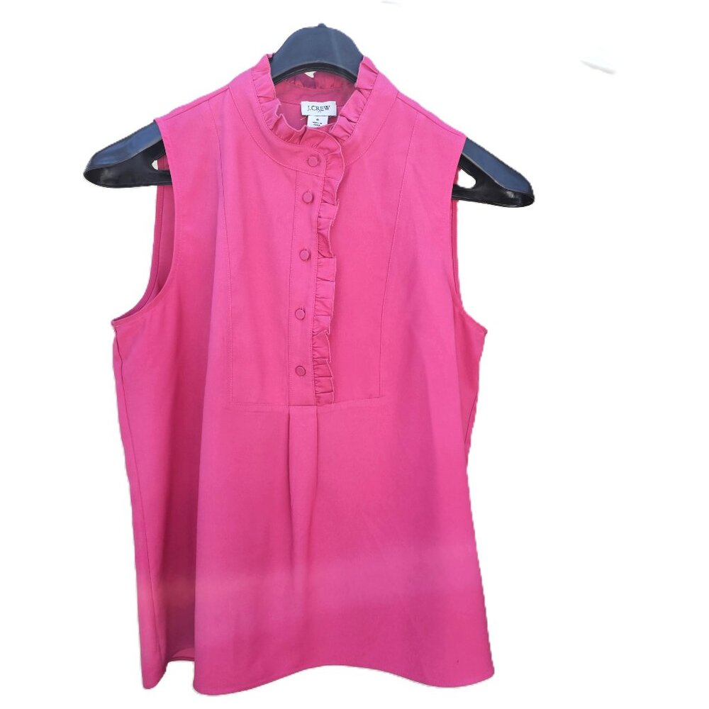 J Crew Sleeveless Ruffle Trim Crepe Blouse Fuchsia Pink Size 8  Like NEW
